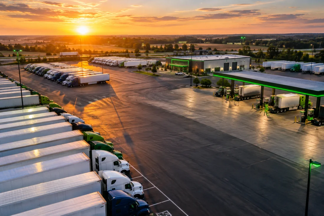 Trucking fleet yard at sunrise
