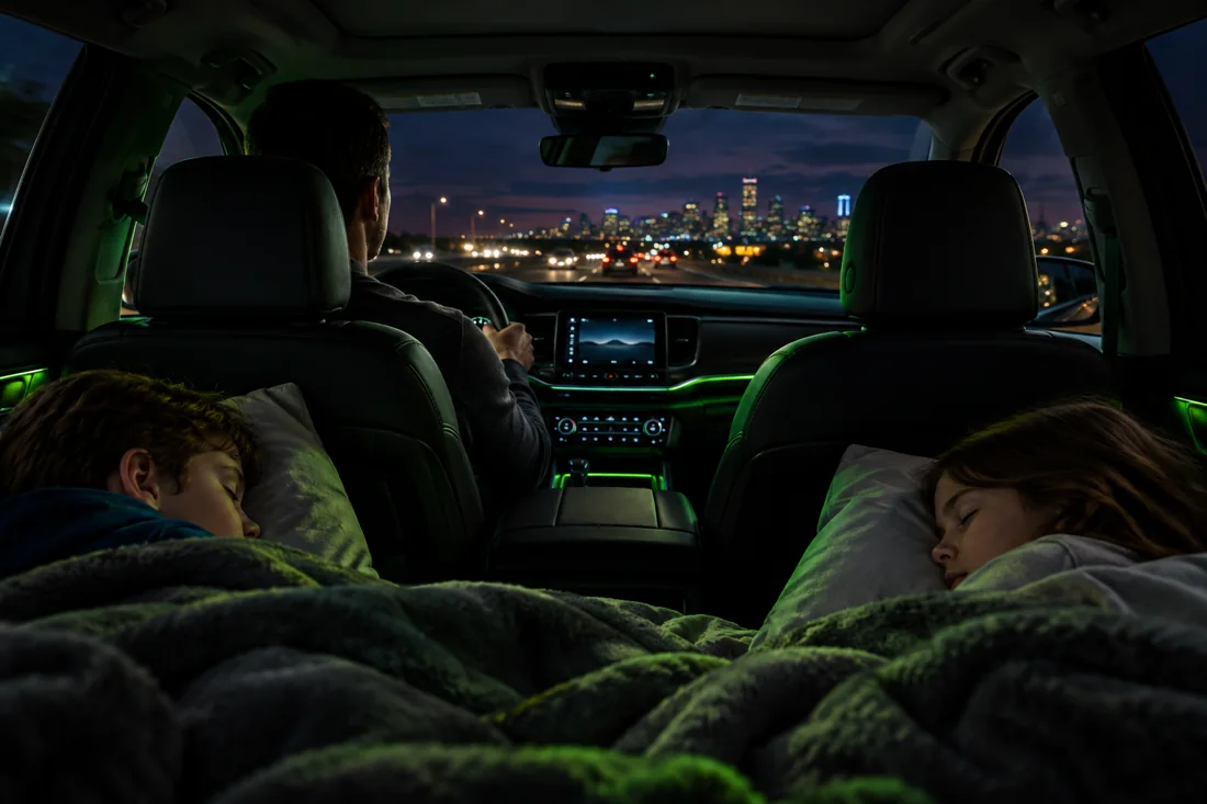 Kids asleep in the back seat on the night drive home